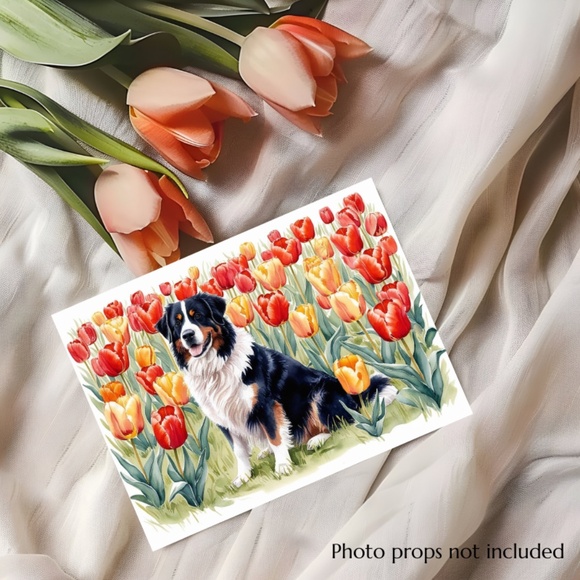 Bernese Moutain Dog in a Field of Tulips, Spring Collection Blank Note Card Set - Picture 5 of 12